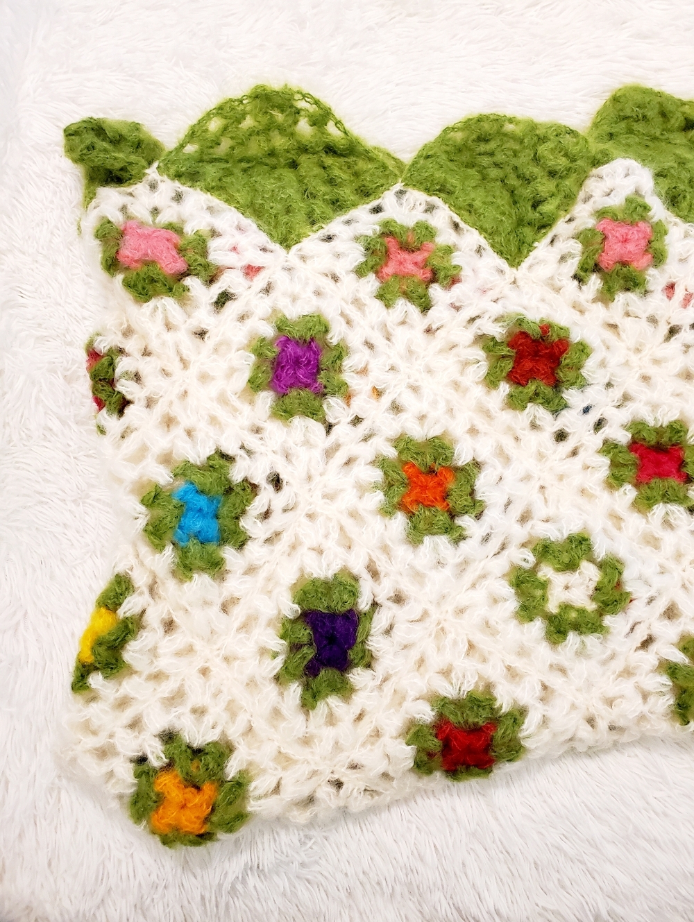 Handmade Crochet Blanket in White and Green with Multicolor Accents